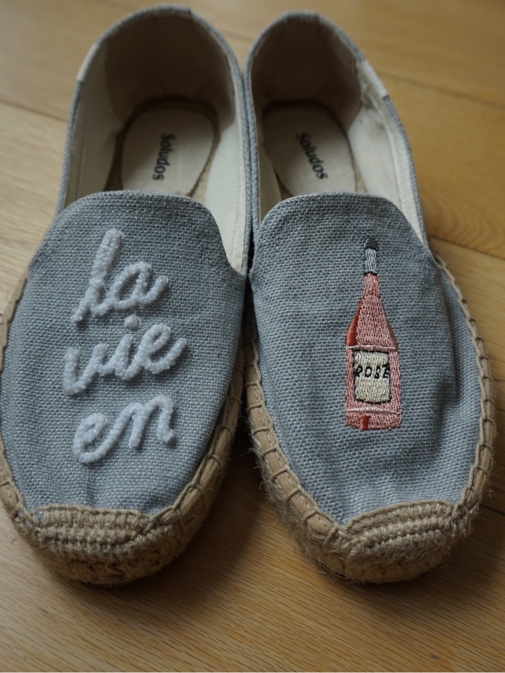 Soludos Gray Canvas Espadrilles with Pink Bottle Embroidery